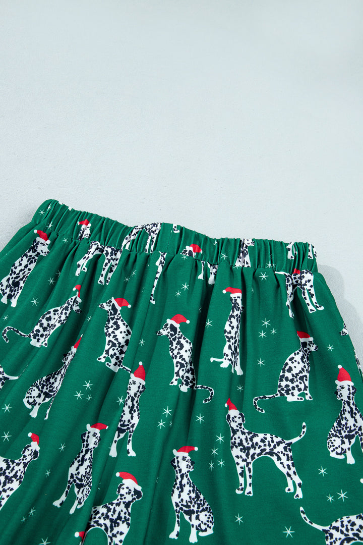 Green Long Sleeve Dog Print Two Piece Shift Lounge Set