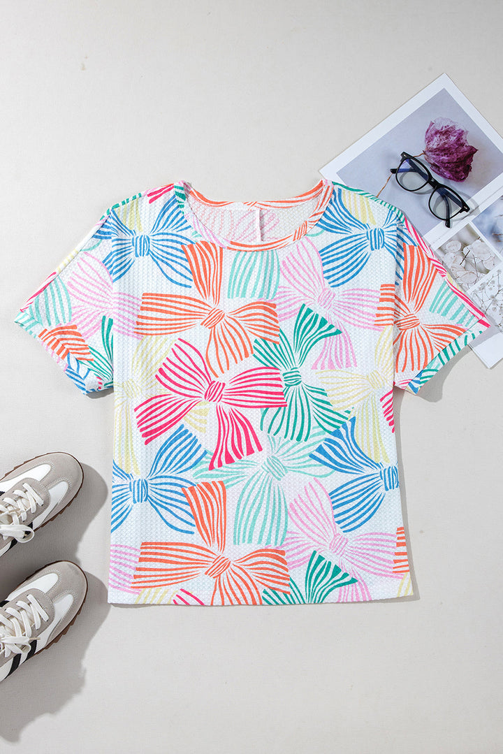Bowknot Printed Waffle Crewneck Loose Short Sleeve Top