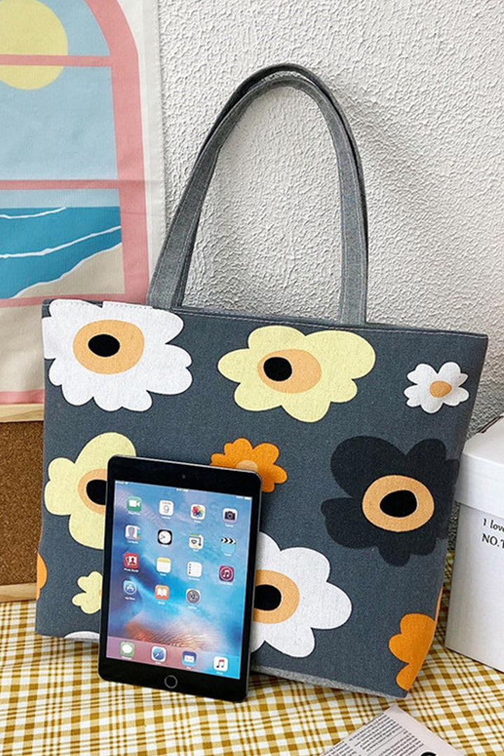 Flower Print Canvas Zipper Large Tote Bag