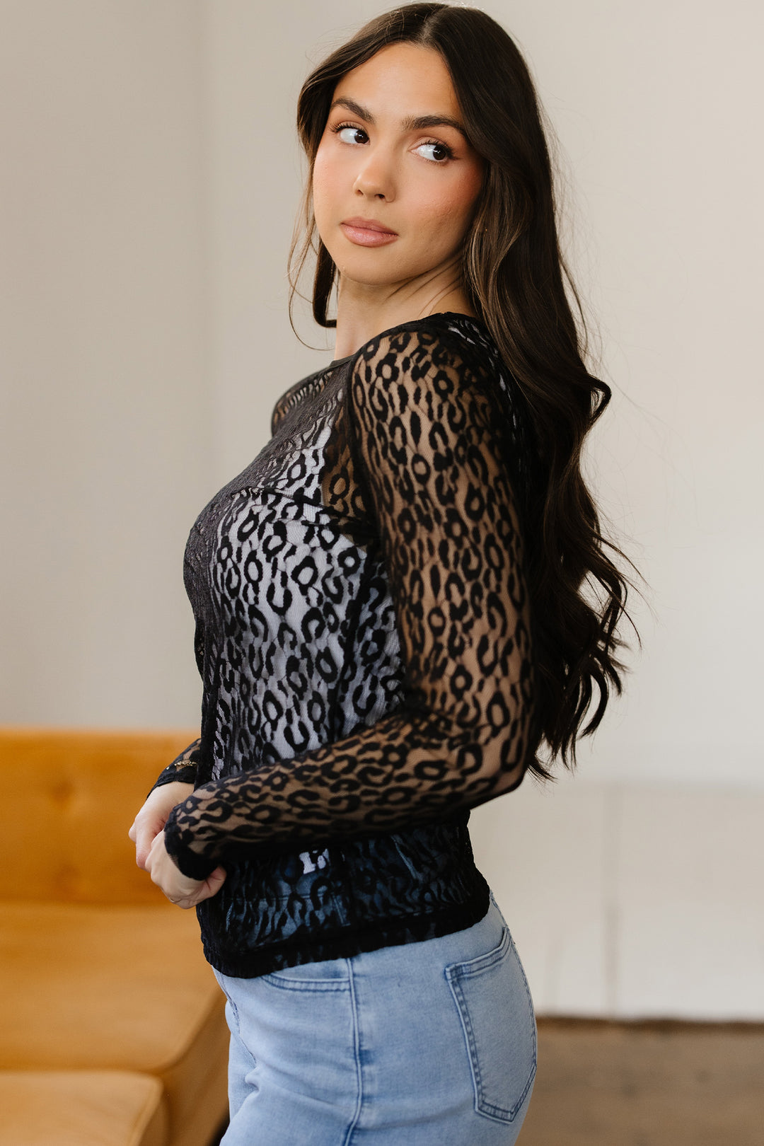Leopard Pattern Sheer Mesh Long Sleeve Top