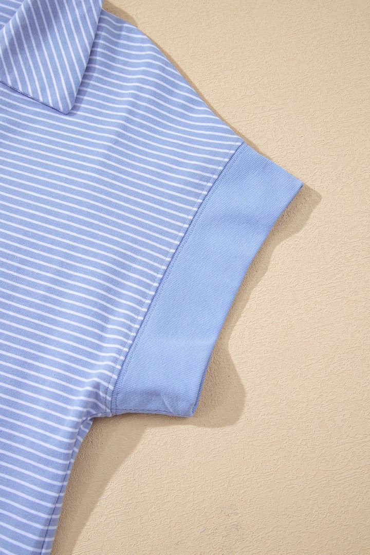 Sky Blue Stripe Dolman Sleeve Polo Shirt and Drawstring Shorts Set