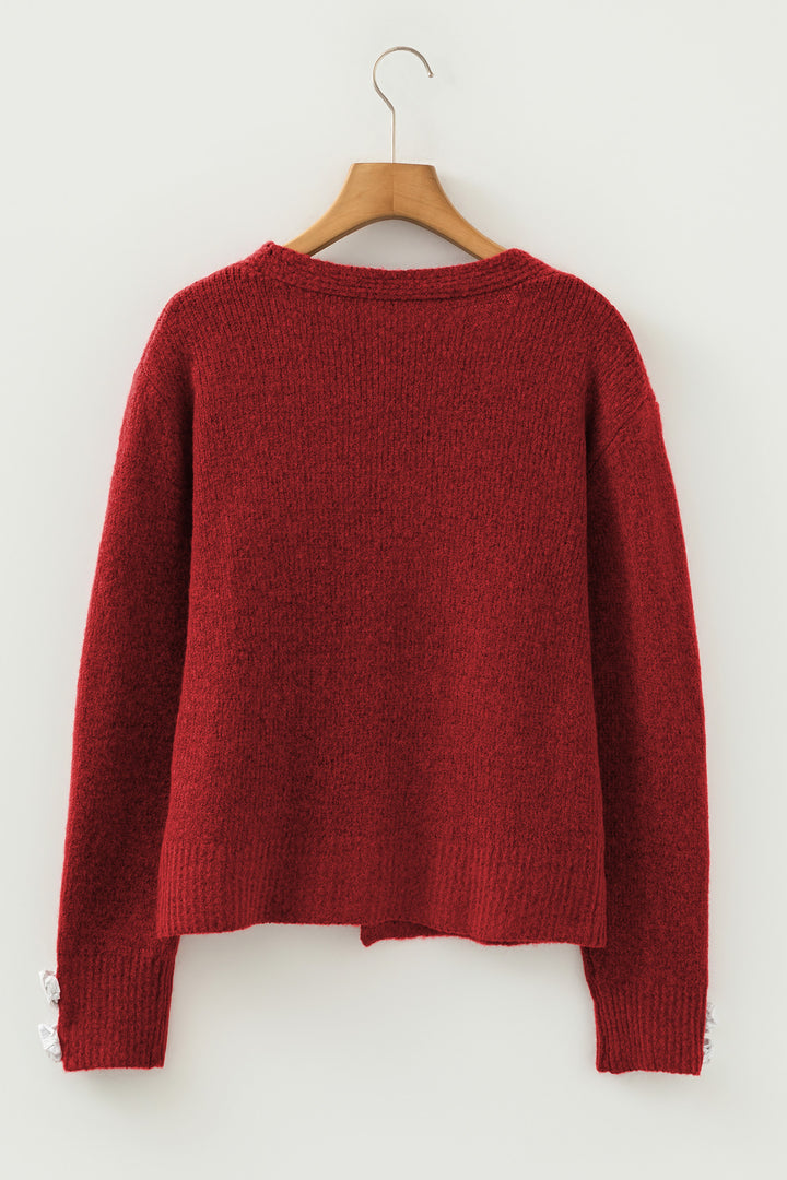 Fiery Red Heart Metal Button V Neck Wool Cardigan Sweater