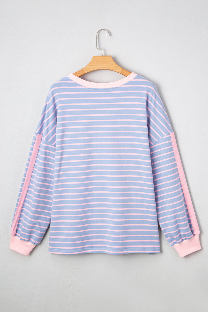Sky Blue Stripe Oversize Contrast Trim Cotton Casual Top