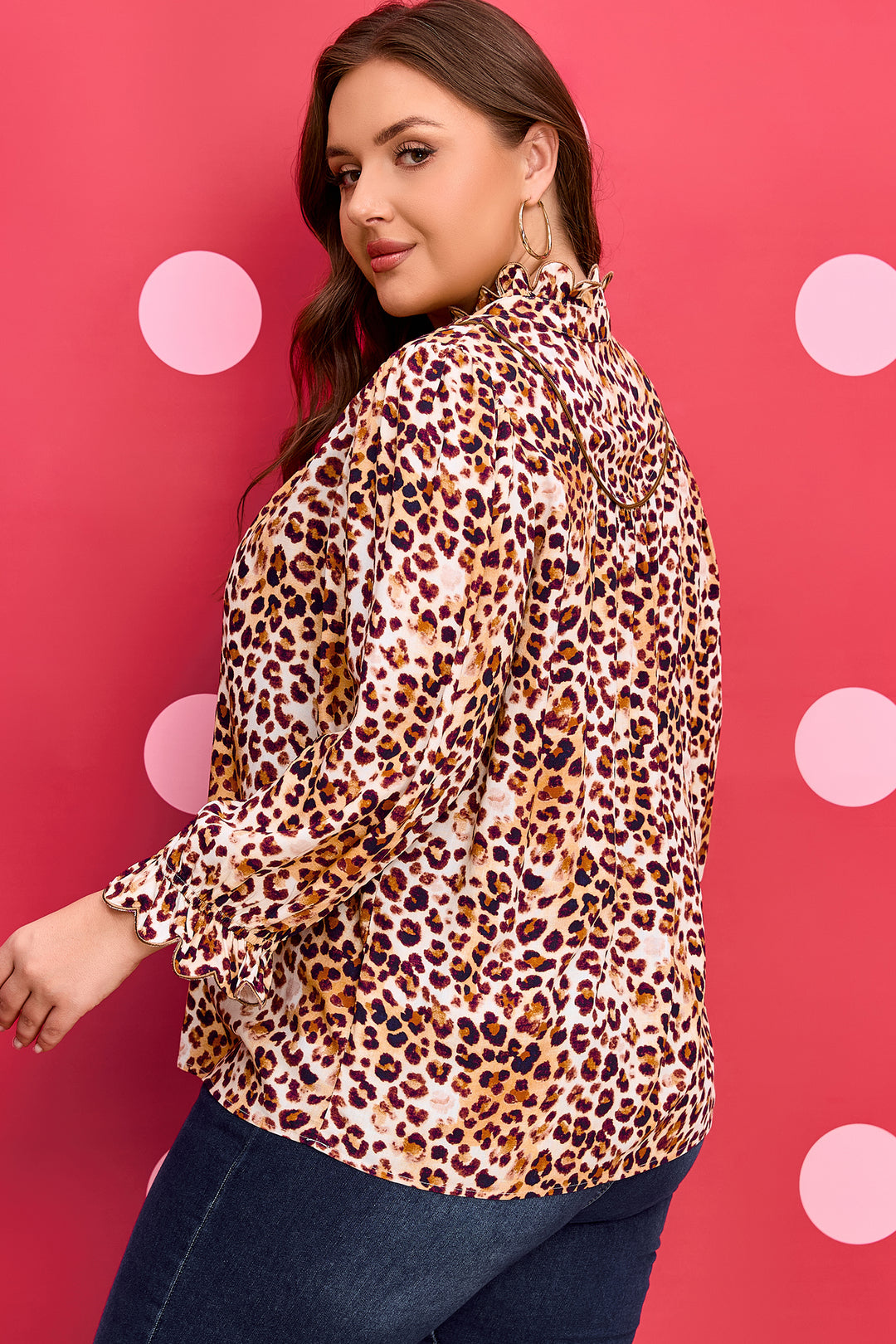 Brown Plus Size Leopard Frilled Stand Neck Blouse