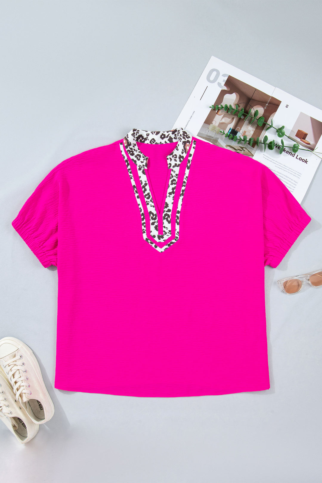 Rose Red Leopard Accent Notched Neck Plus Size Short Sleeve Top