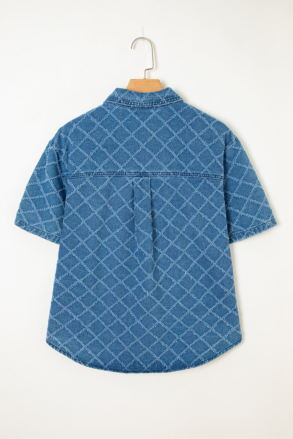 checkered textured short sleeve patched pocket denim shirt