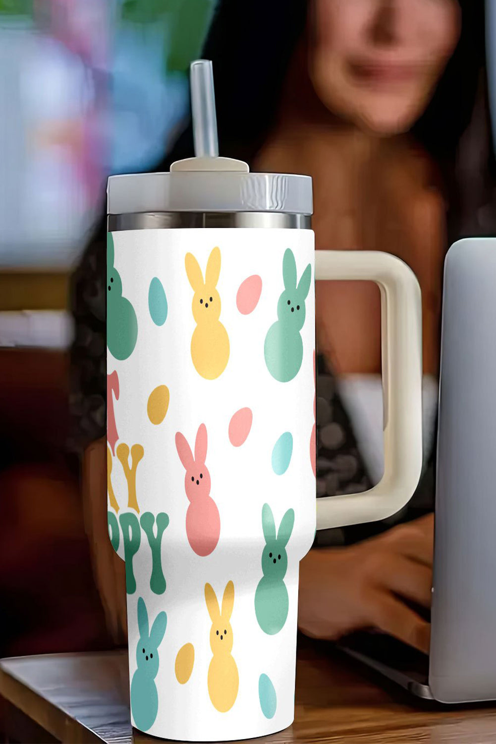 DONT WORRY BE HOPPY Bunny Print Thermal Tumbler 40oz
