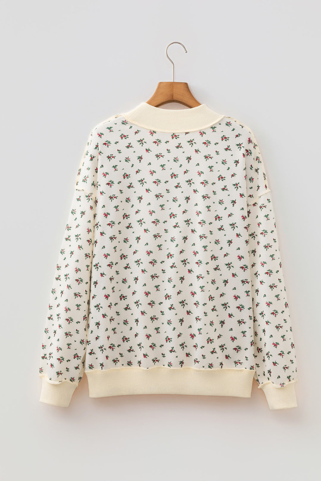 Beige Ribbed High Neck Floral Print Baggy Pullover Sweatshirt