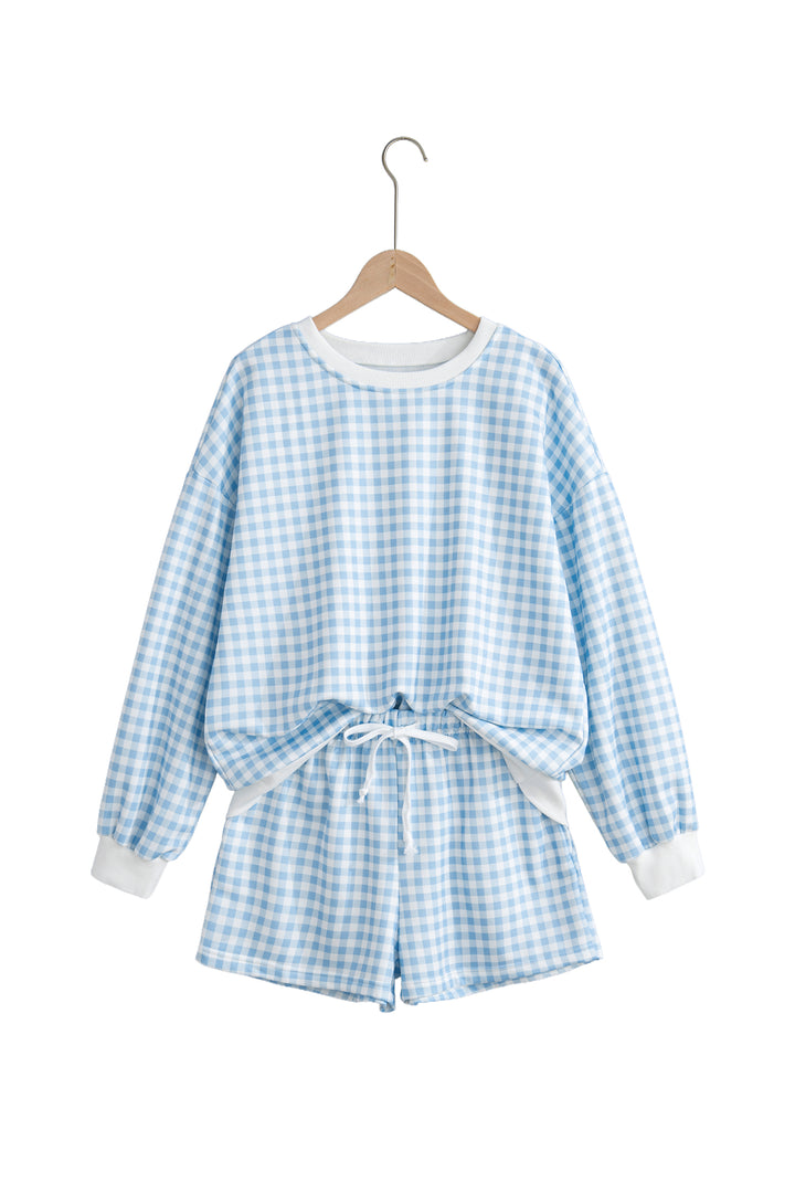 Sky Blue Plaid Baggy Pullover Drawstring Casual Shorts 2pcs Outfit