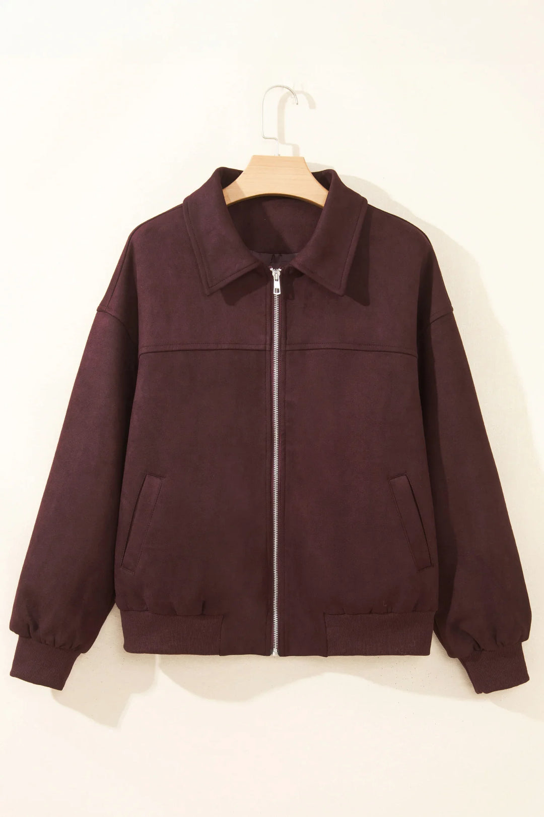 Chicory Coffee Solid Zip-up Metal Placket Collar Long Sleeve Jacket