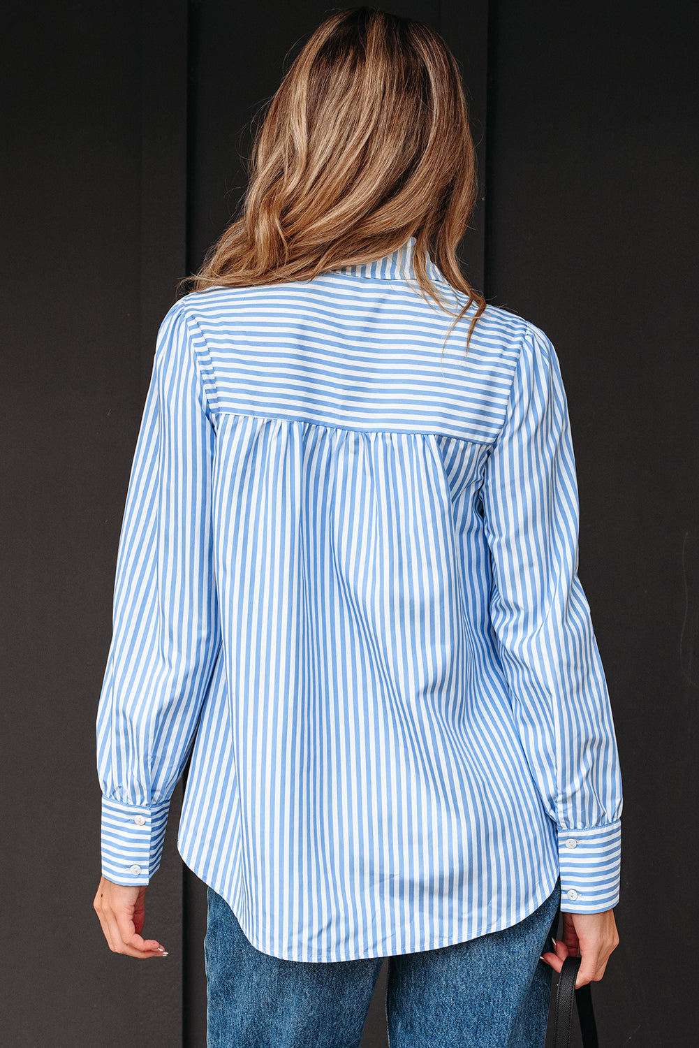 Shirred Detail Half Placket Collared Long Sleeve Fall Shirt