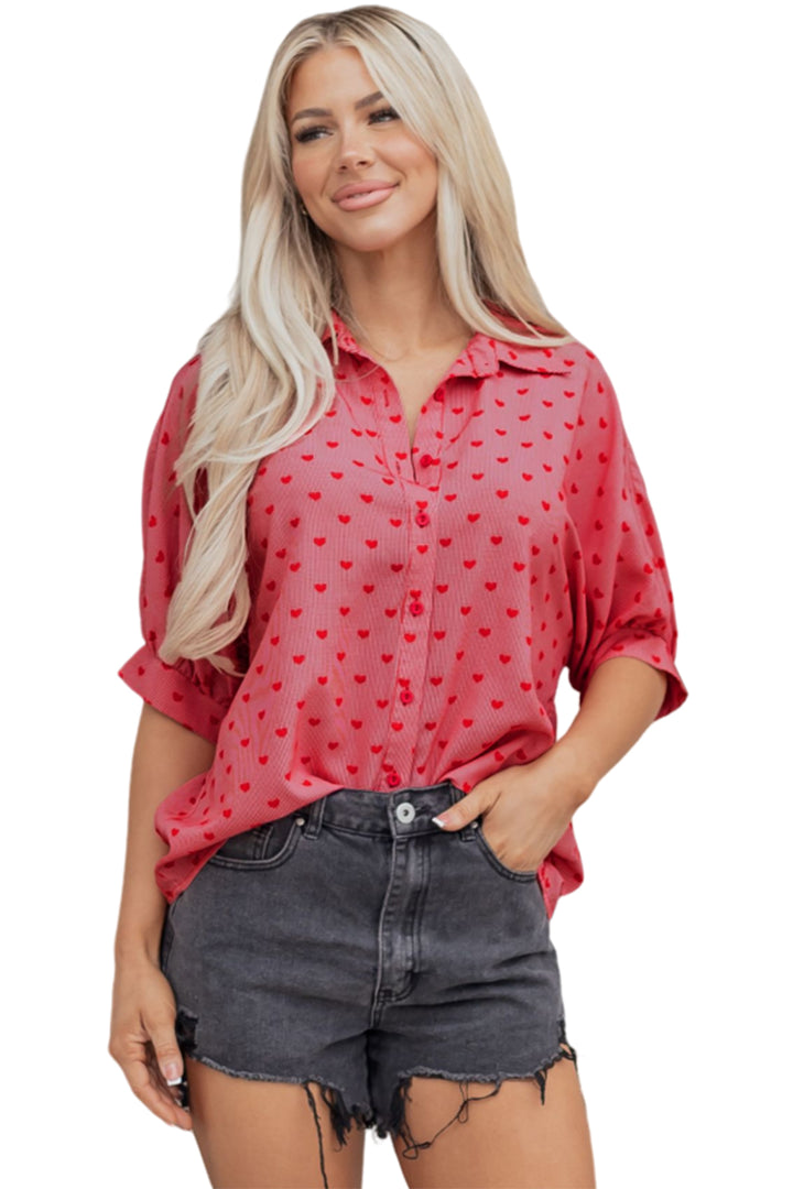 Heart Shape Print Half Sleeve Loose Valentine Shirt