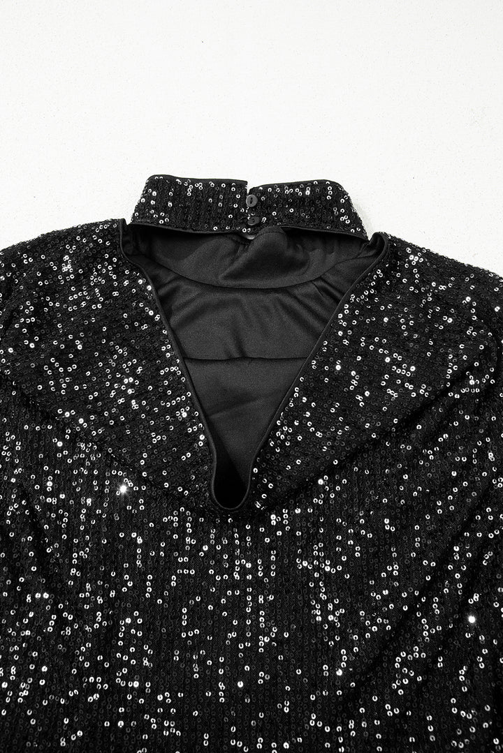 Black Sequin Mock Neck Drape Open Back Bell Sleeve Top