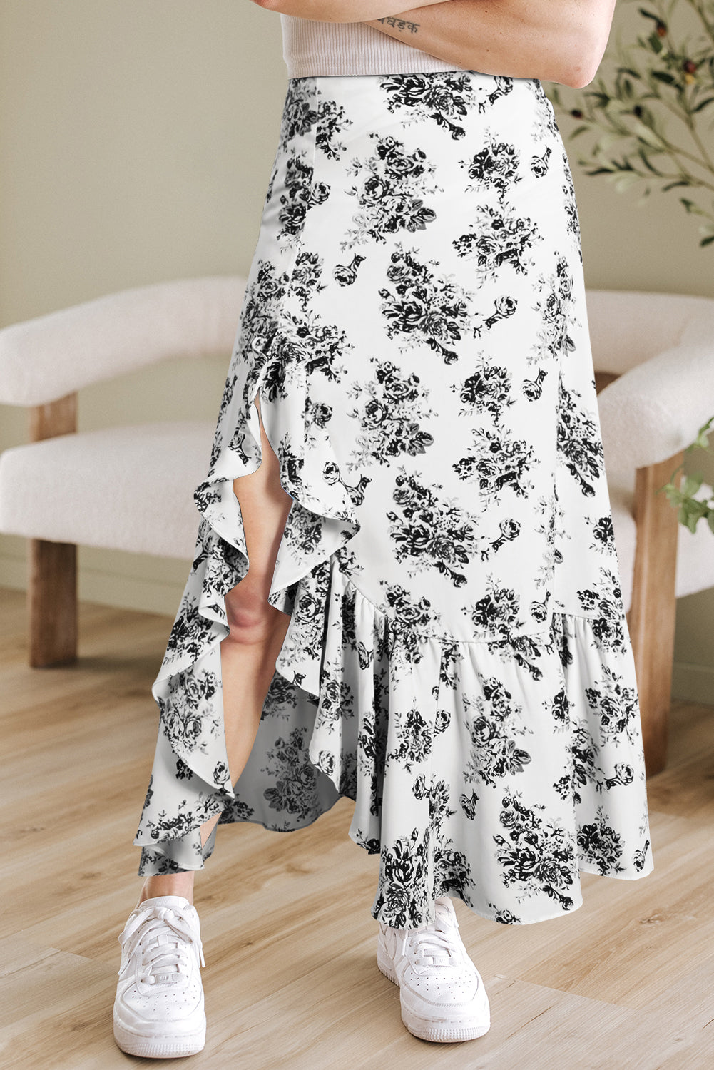 White Black Boho Floral High Waist Ruffle Split Maxi Skirt