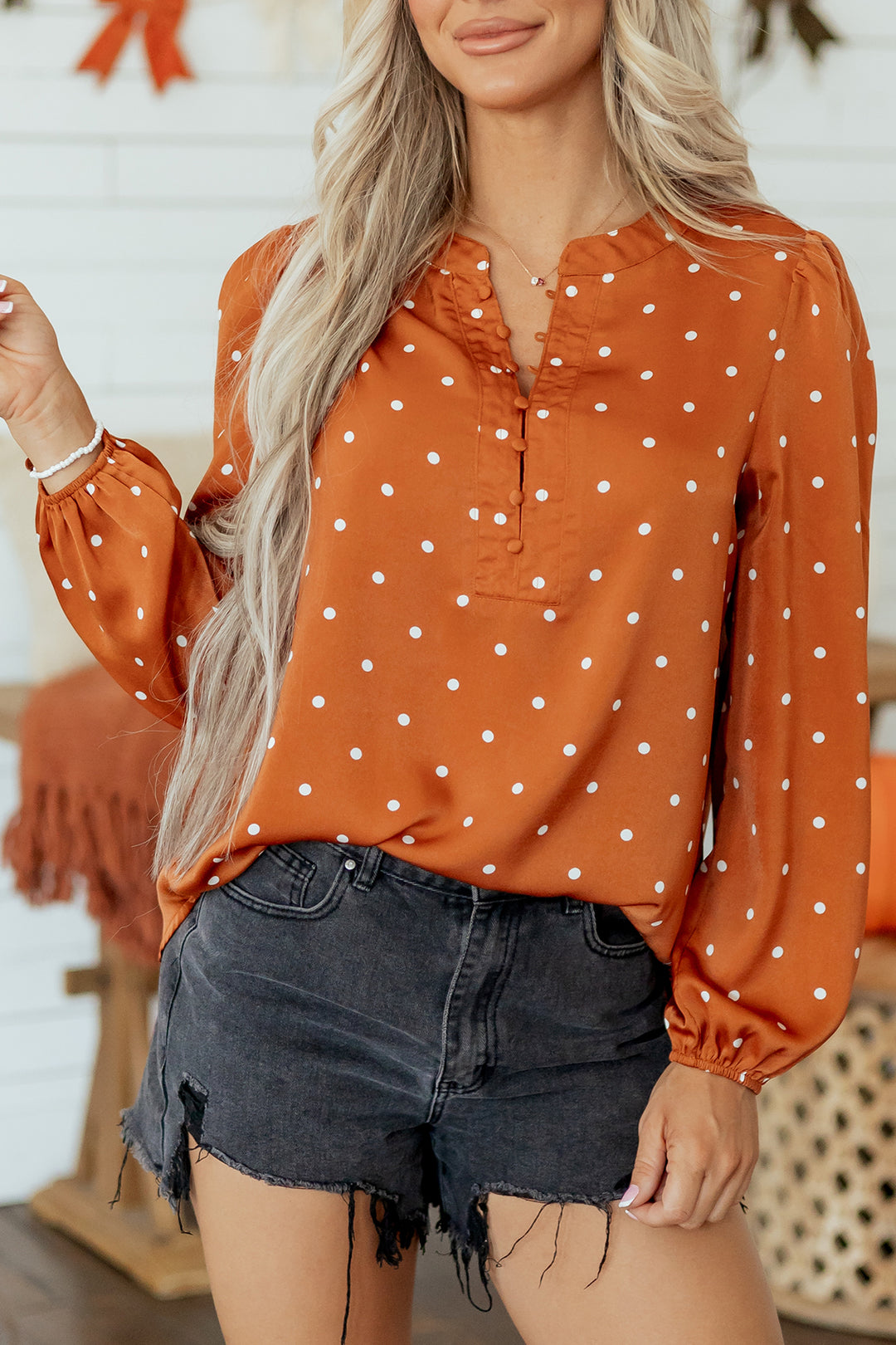 Brown Polka Dot V Neck Long Sleeve Blouse