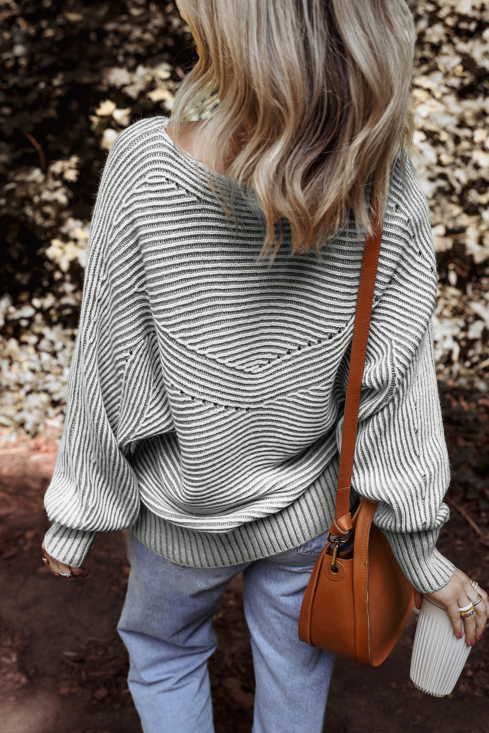 Striped Print Ribbed Knit Boat Neck Baggy Sweater