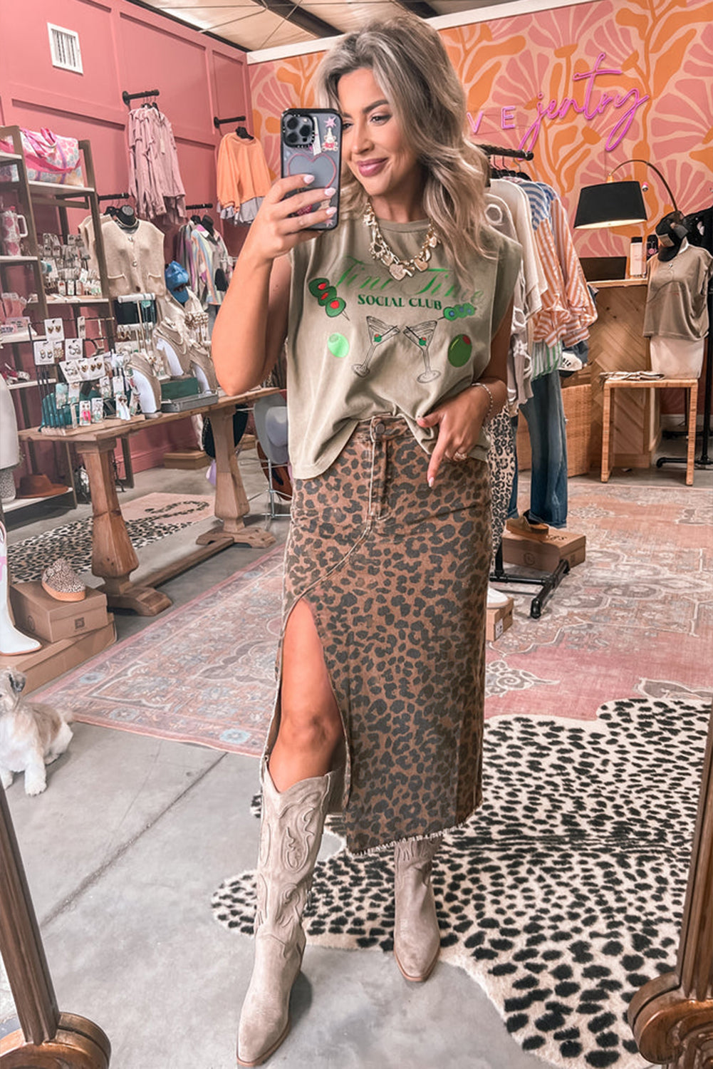 Brown Leopard Print Frayed Edge Denim Skirt Long Casual Daily Wear