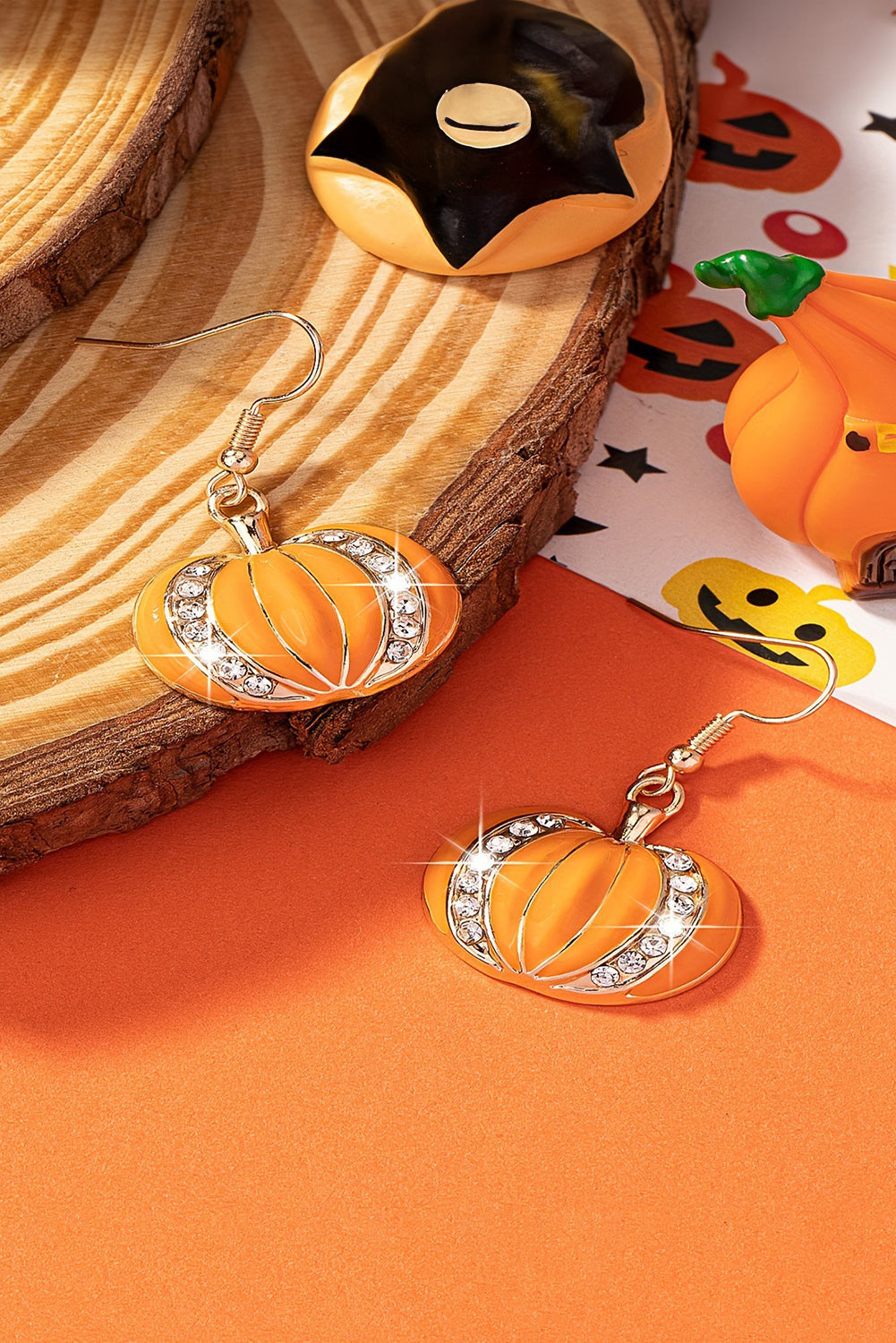 Boucles d'oreilles crochet citrouille strass Halloween