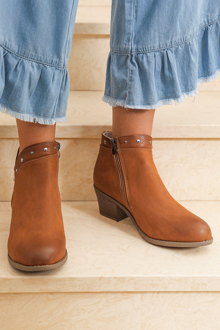 Studded Faux Leather Chunky Heel Ankle Boots