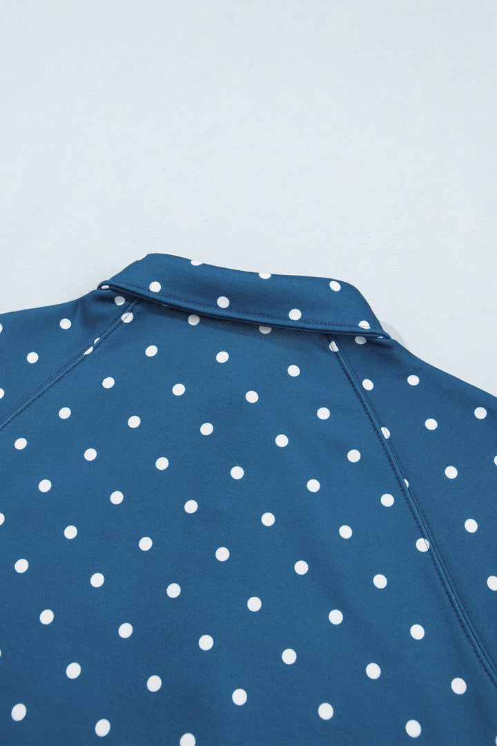 Blue Polka Dot Print Metal Button Collar Casual Pullover Sweatshirt