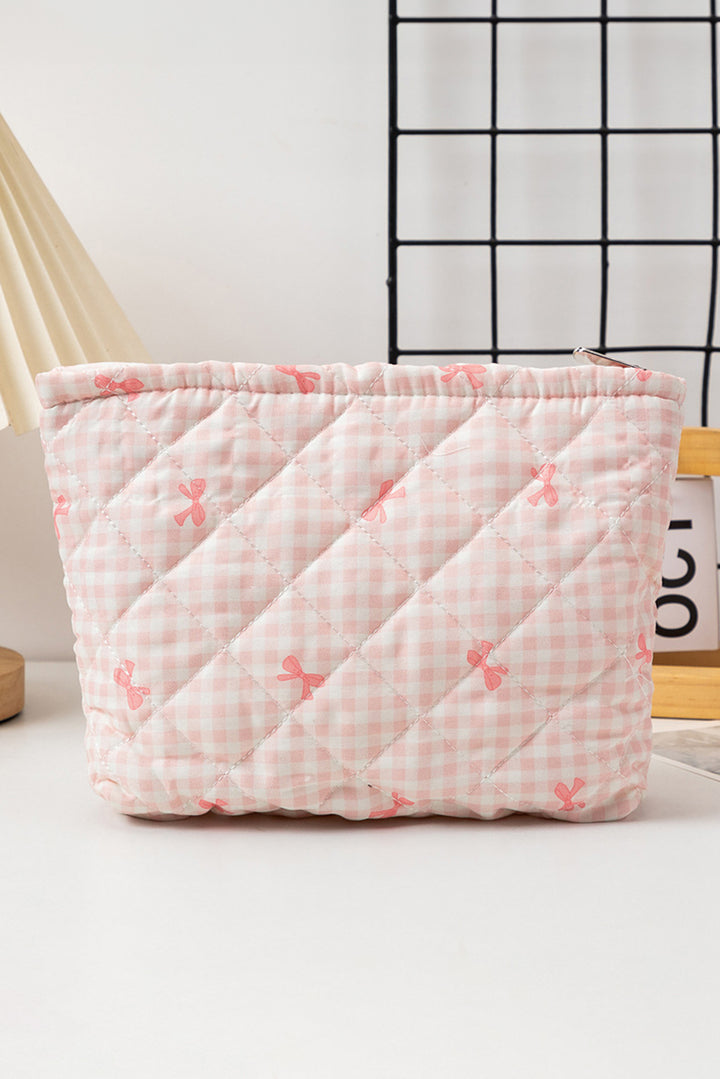 Bow Knot Print Zipper Quilted Large Cosmetic Bag