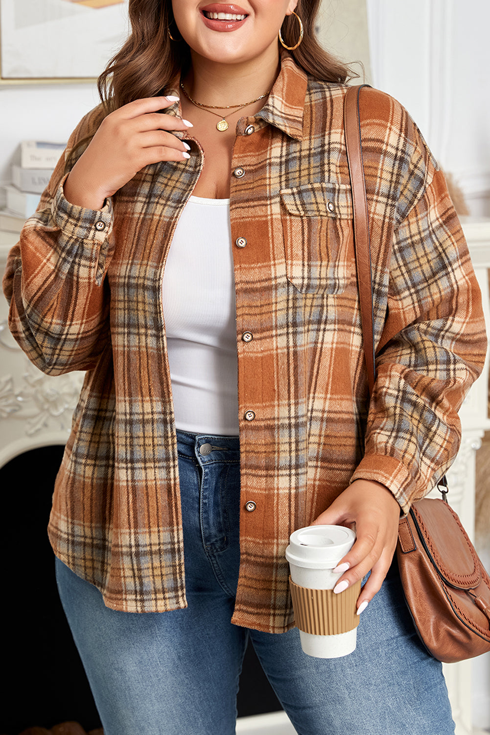 Brown Plaid Print Flap Pocket Plus Size Shacket
