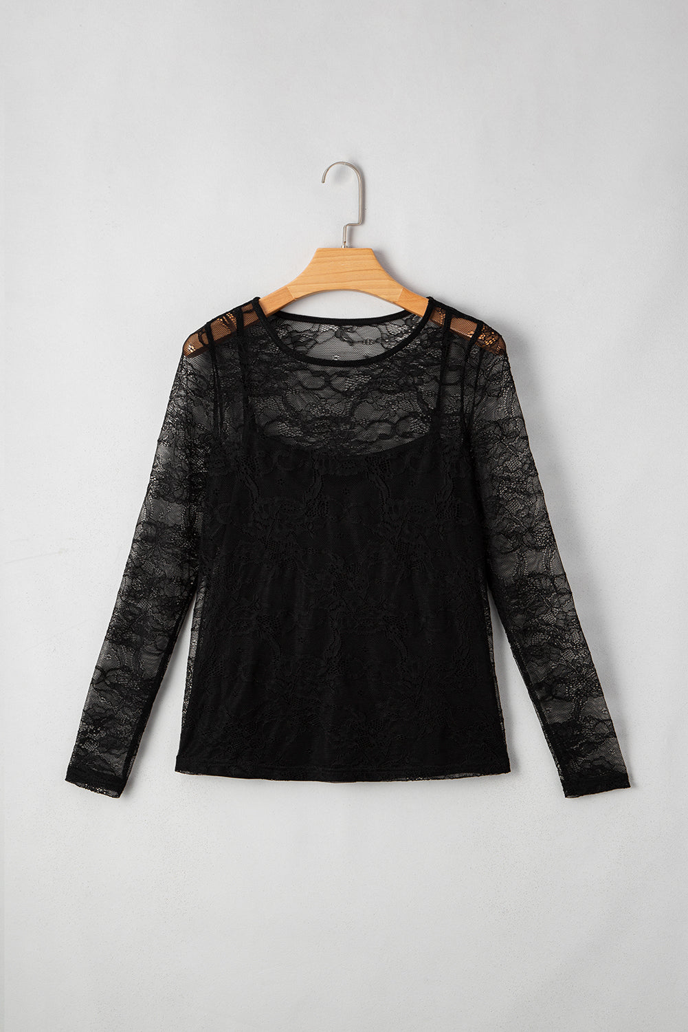 Black Lace Crochet Mesh Patched Slim Fit Long Sleeve Top
