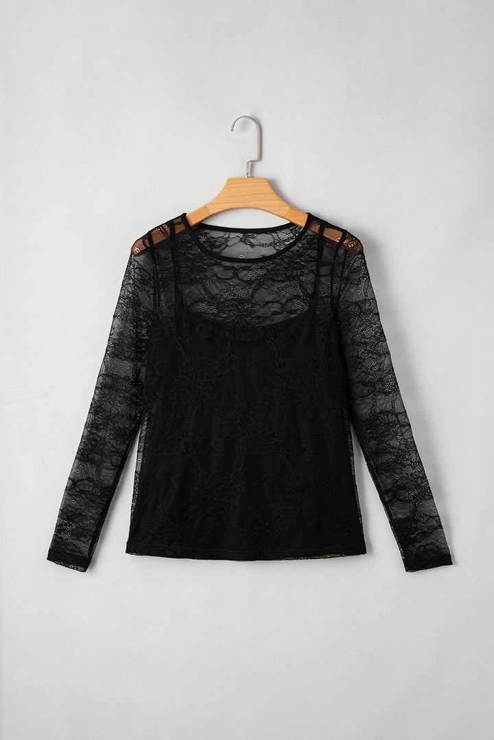 Black Lace Crochet Mesh Patched Slim Fit Long Sleeve Top
