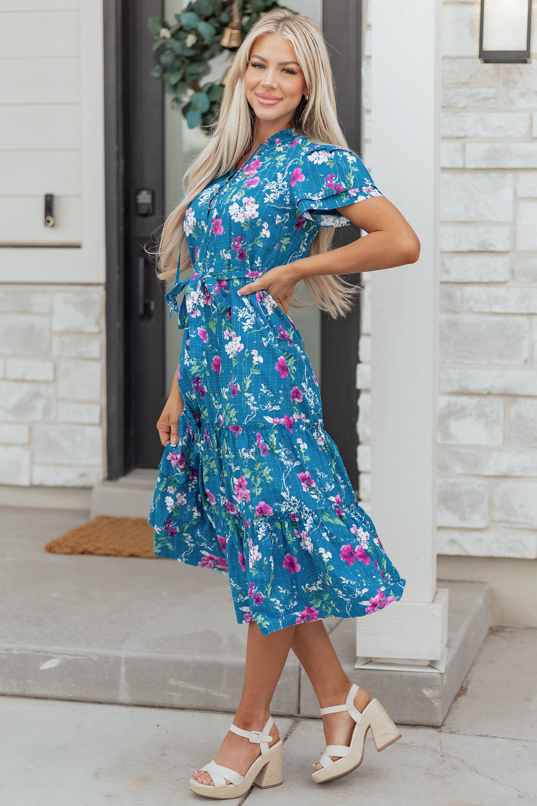 Floral Flutter Sleeve Button Tie Split Neck Belted Long Dress