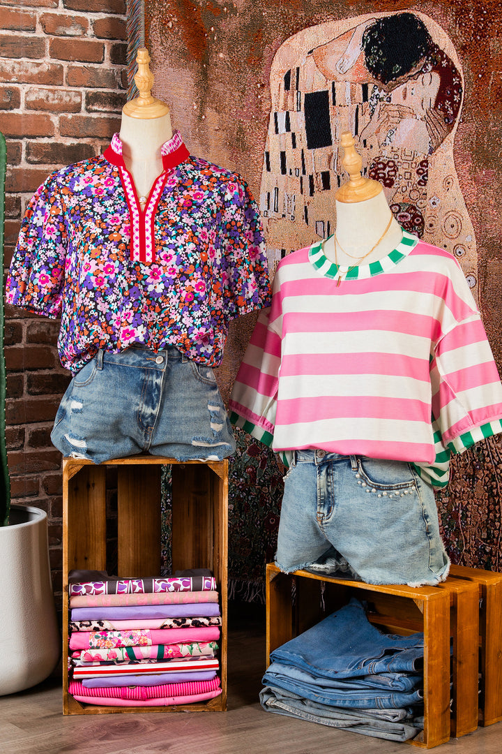 Purple Ditsy Floral Print Plaid Colorblock Trim V Neck Blouse