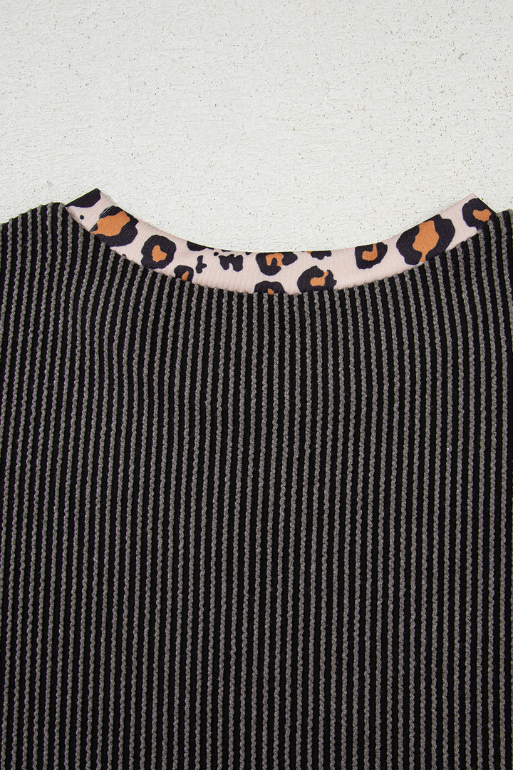 Carbon Grey Leopard Patchwork Edge Twisted Rib T Shirt and Cropped Pants Set