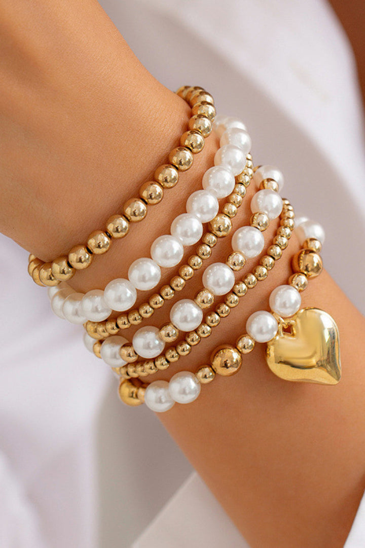 Plated Heart Charm Pearl Beading Multilayer Bracelet