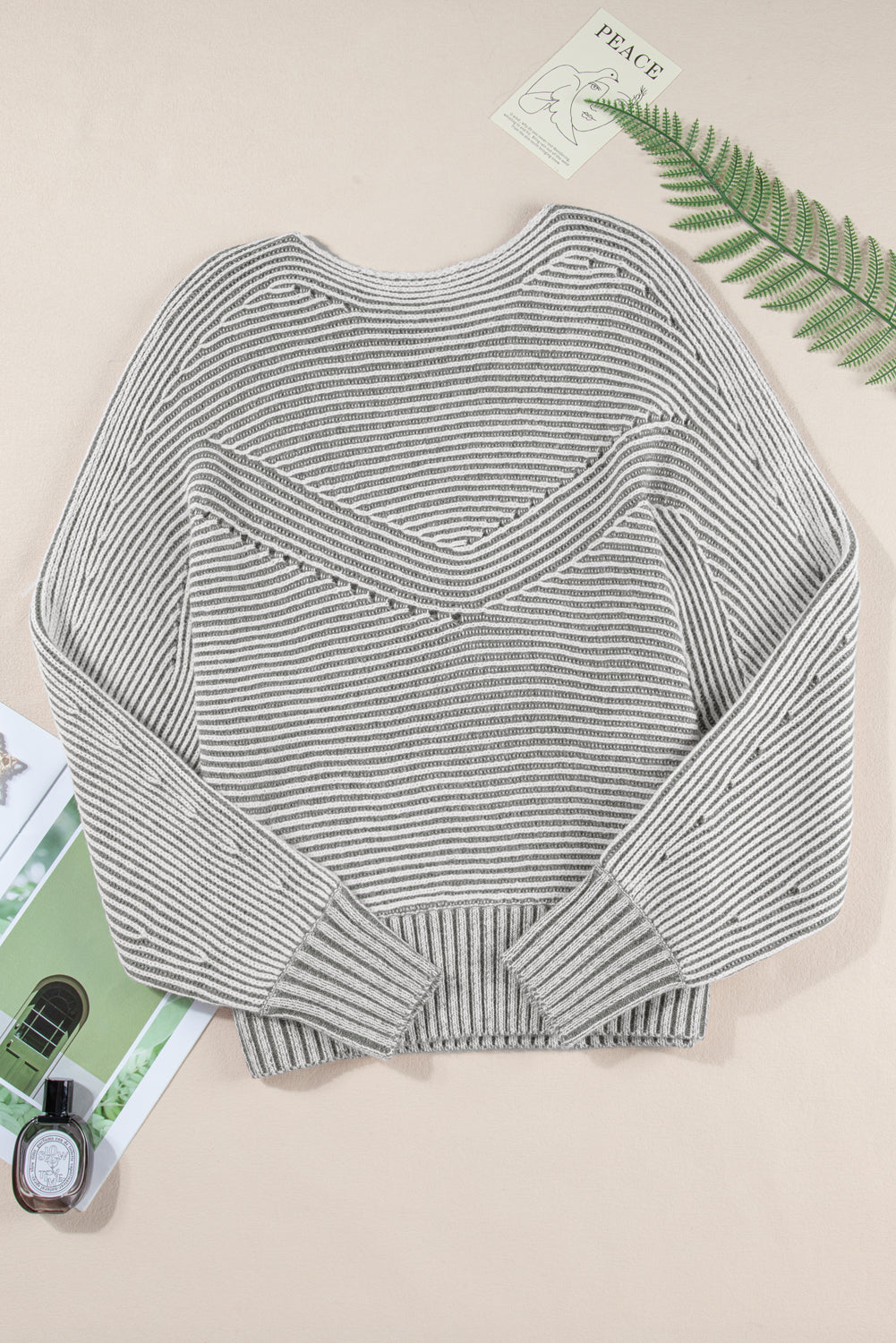 Striped Print Ribbed Knit Boat Neck Baggy Sweater