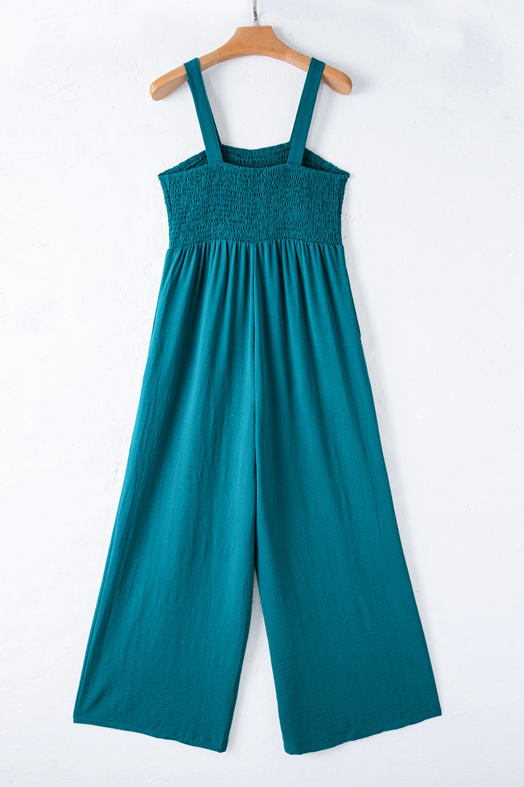 Peacock Blue Smocked Square Neck Sleeveless Jumpsuit with Pockets