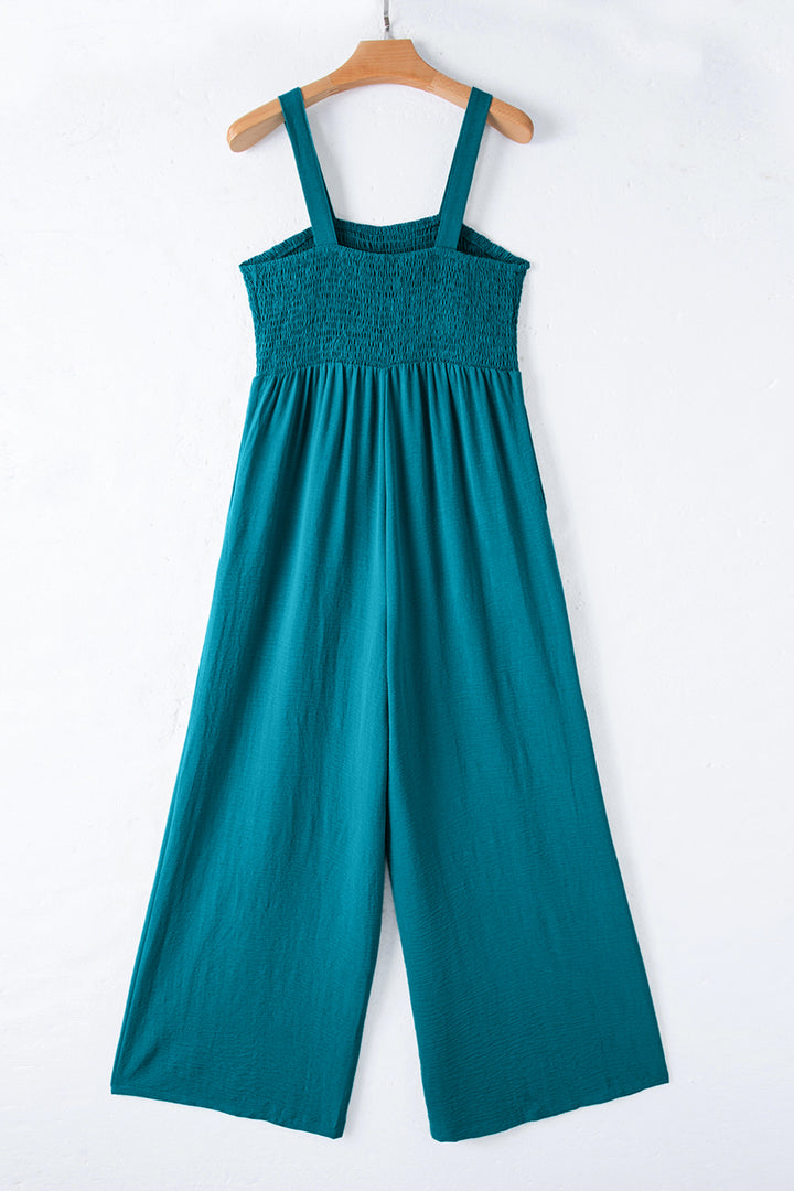 Peacock Blue Smocked Square Neck Sleeveless Jumpsuit with Pockets