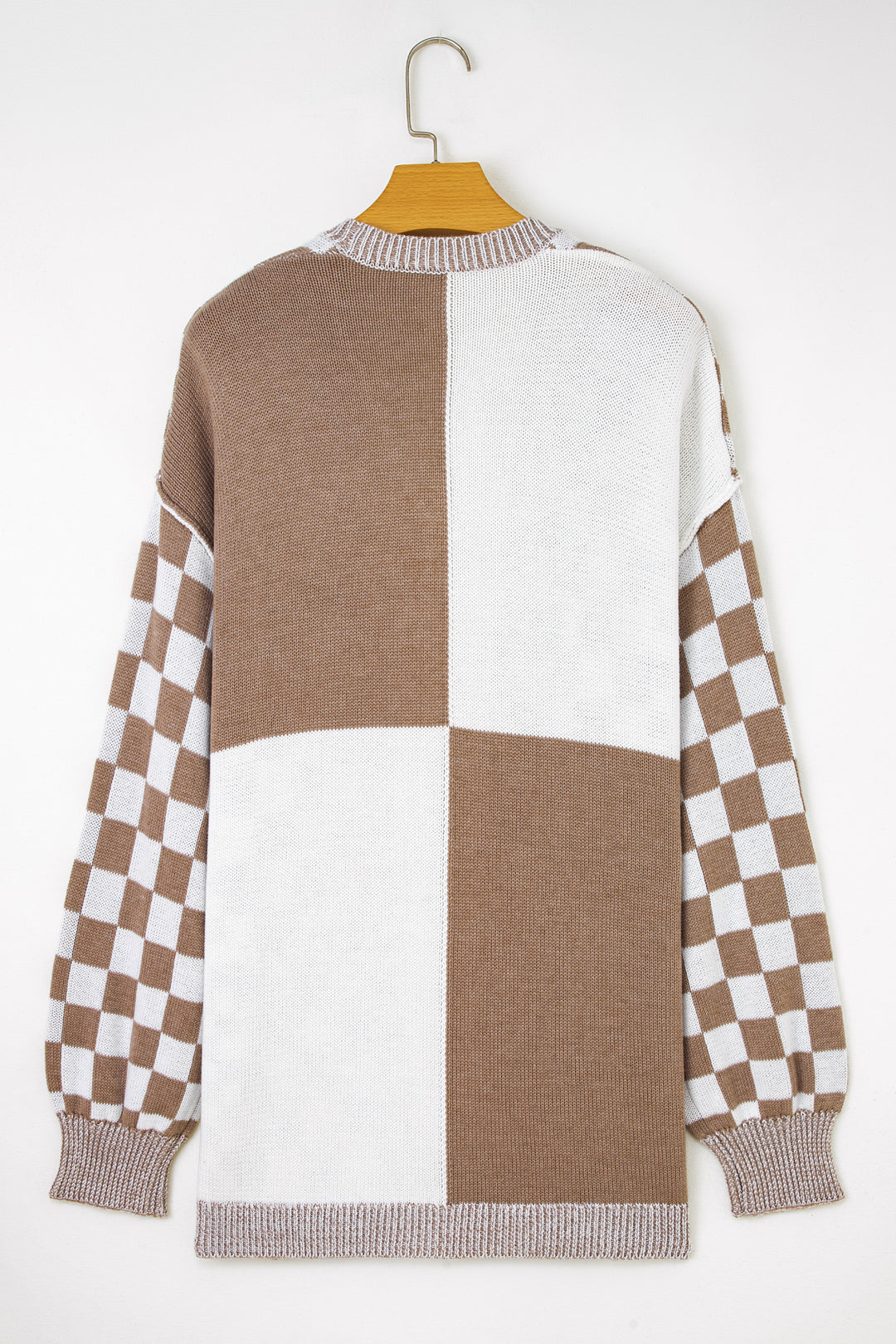 Brown Plus Size Checkered Bubble Sleeve Drop Shoulder Open Cardigan