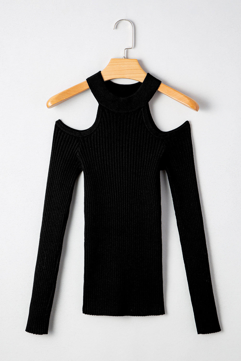 Ribbed Knit Cold Shoulder Choker Neck Sweater