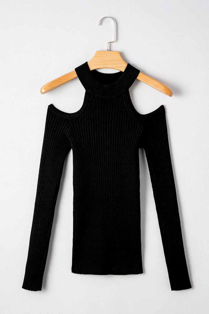 Ribbed Knit Cold Shoulder Choker Neck Sweater
