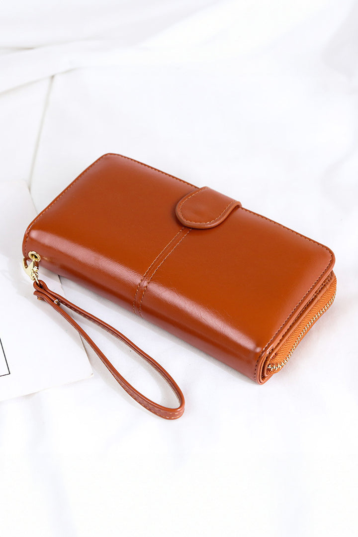 Faux Leather Zip Around Wrist Strap Long Wallet