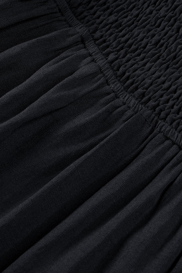 Black Solid Color Long Sleeve Shirred Drawstring Ruffle Mini Dress
