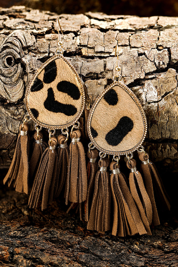 Boho Leopard Print Tasseled Hook Earrings