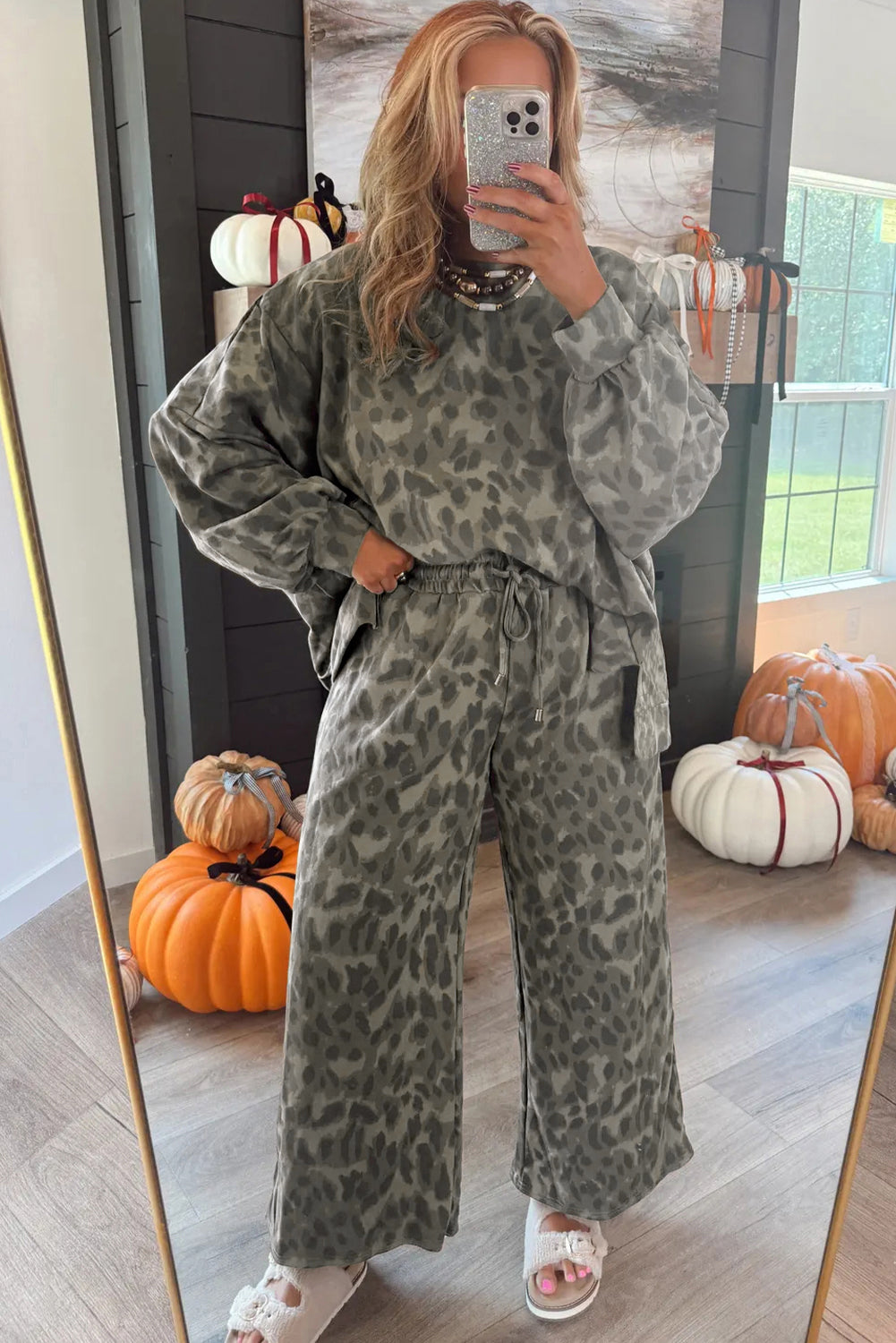 Gray Leopard Print Raw Seam Patchwork Pullover Drawstring Loose Pant Set