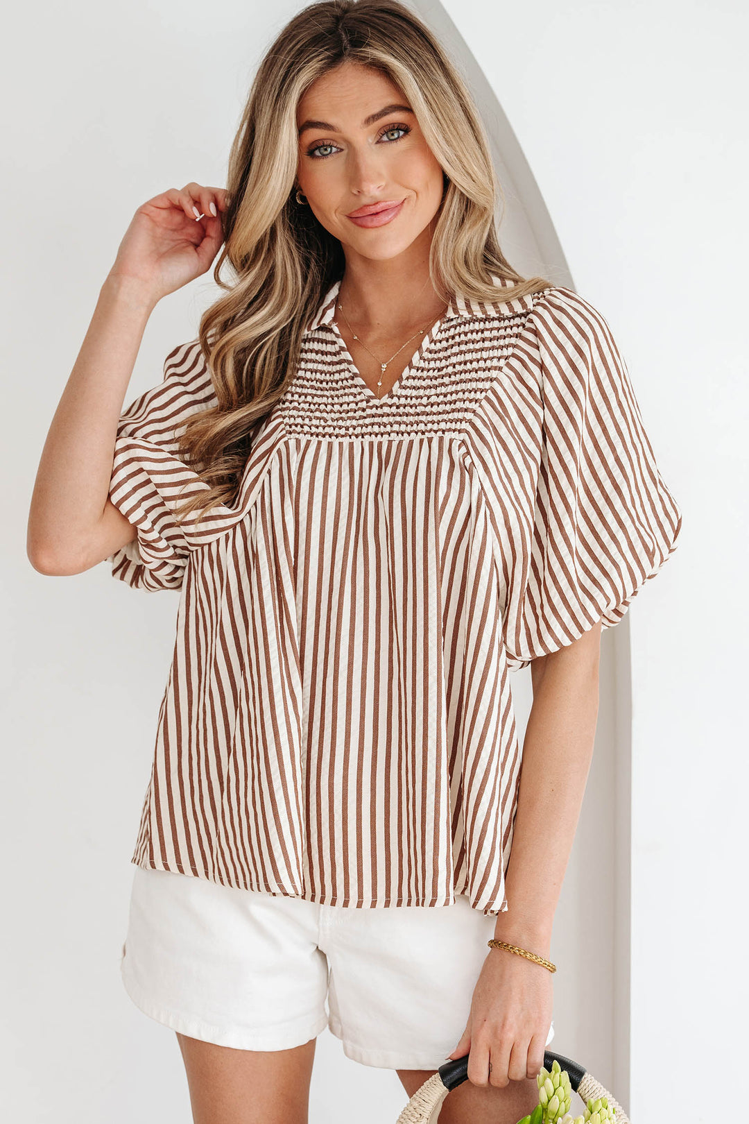 Shirred V Neck Short Puff Sleeve Blouse
