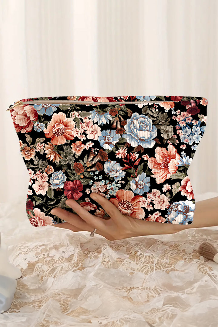Flower Print Zipper Ribbed Corduroy Large Makeup Bag