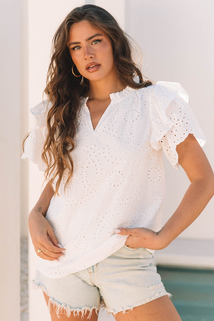 broderie anglaise ruffle short sleeve blouse