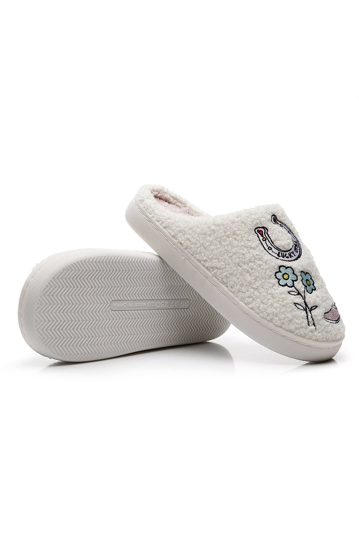 Asymmetric Embroidered Pattern Cowgirl Plush House Slippers