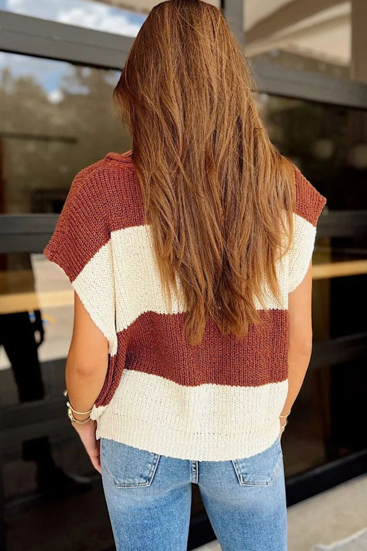 Brown Stripe Colorblock Knit V Neck Short Sleeve Loose Sweater