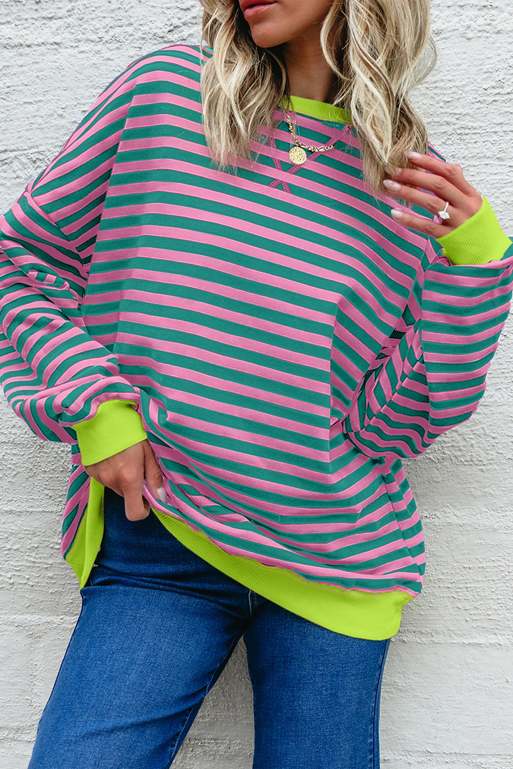 Contrast Ribbed Trim Crossed Stitch Drop Shoulder Sweatshirt