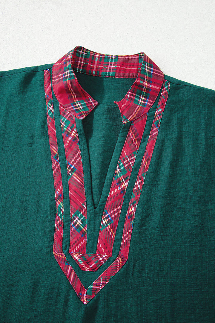 Contrast Plaid Patchwork V Neck Half Sleeve Blouse
