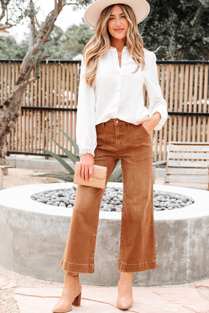 Lace Patchwork Buttoned Stand Neck Loose Shirt